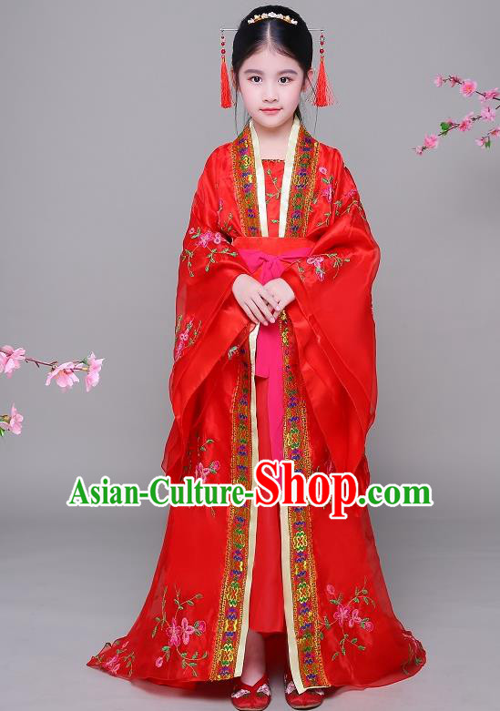 Traditional Chinese Ancient Children Imperial Consort Hanfu Embroidered Clothing, China Tang Dynasty Palace Lady Costume for Kids