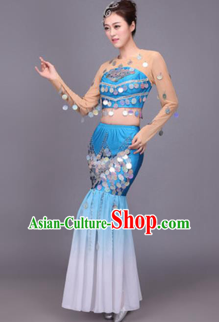 Chinese Traditional Dai Nationality Peacock Dance Costume Pavane Sequins Blue Dress for Women