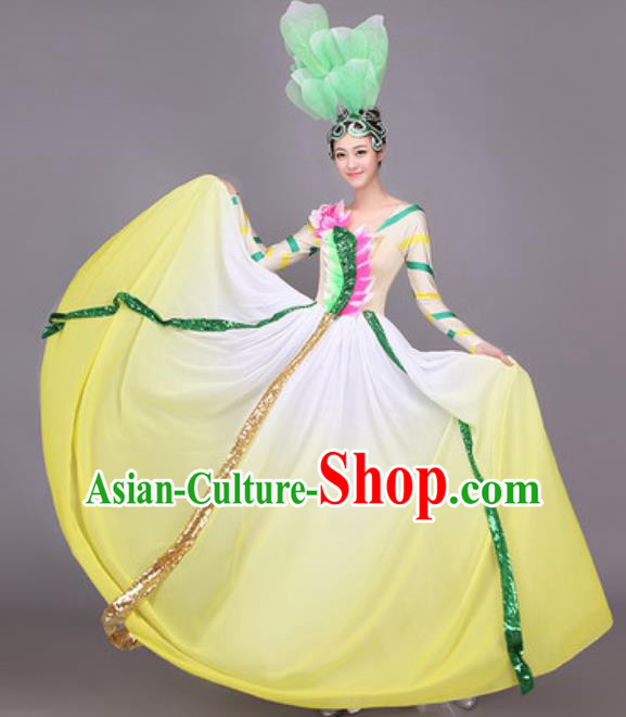 Professional Opening Dance Costume Stage Performance Big Swing Yellow Dress for Women