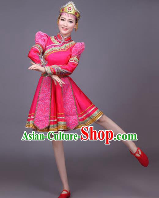 Chinese Traditional Mongol Nationality Dance Costume Mongolian Folk Dance Rosy Dress for Women