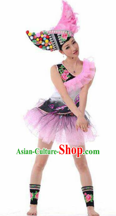Chinese Traditional Yi Nationality Rosy Costume Folk Dance Ethnic Clothing for Women