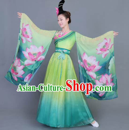 Chinese Traditional Classical Dance Costume Folk Dance Printing Lotus Green Dress for Women