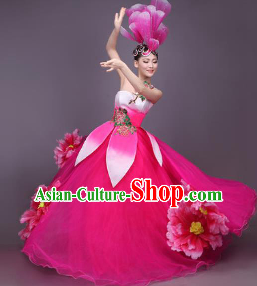 Chinese Traditional Classical Dance Costume Folk Dance Peony Dance Rosy Dress for Women