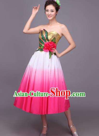 Professional Modern Dance Rosy Dress Opening Dance Stage Performance Chorus Costume for Women