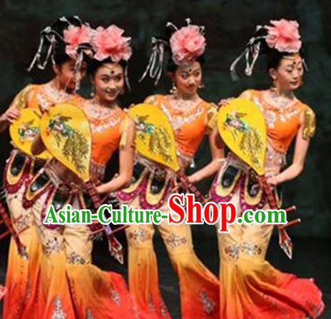 Chinese Traditional Folk Dance Costume Lute Dance Classical Dance Orange Clothing for Women