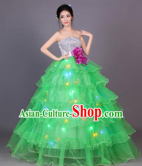 Professional Modern Dance Green Flowers Dress Opening Dance Stage Performance Chorus LED Costume for Women