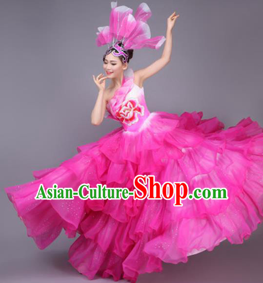 Professional Modern Dance Dress Opening Dance Stage Performance Chorus Pink Flowers Costume for Women