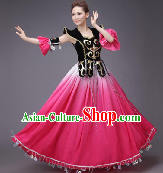 Chinese Traditional Uyghur Nationality Costume Uigurian Folk Dance Ethnic Rosy Dress for Women