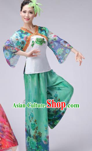 Chinese Classical Dance Fan Dance Costume Traditional Folk Dance Yangko Green Clothing for Women