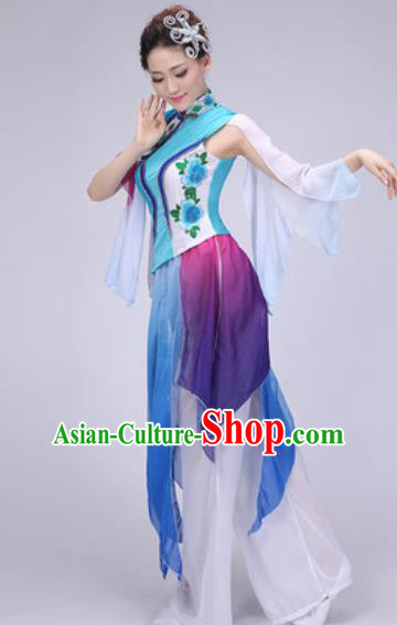 Chinese Classical Dance Fan Dance Blue Costume Traditional Folk Dance Yangko Dress for Women