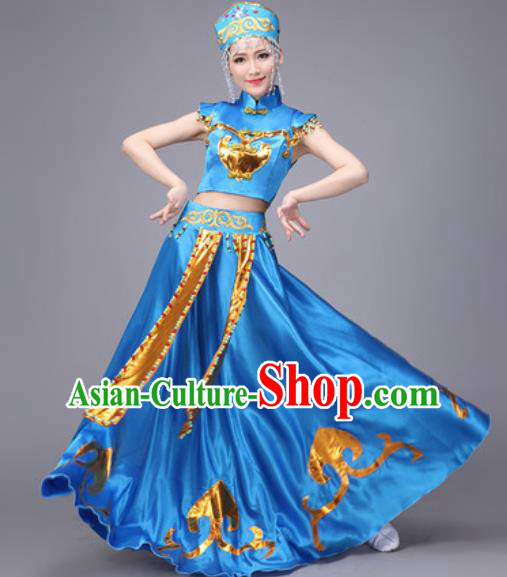 Chinese Traditional Mongol Nationality Dance Costume Mongolian Folk Dance Ethnic Blue Dress for Women