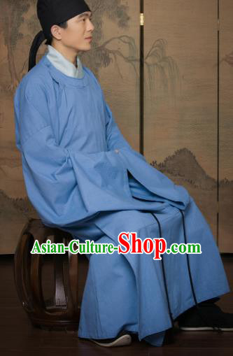 Chinese Traditional Song Dynasty Scholar Replica Costumes Ancient Minister Blue Robe for Men