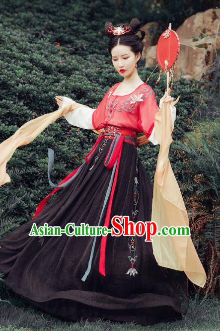 Chinese Ancient Fairy Embroidered Costumes Traditional Tang Dynasty Princess Red Hanfu Dress for Women