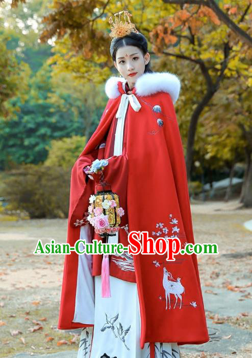 Chinese Ancient Ming Dynasty Nobility Lady Costumes Embroidered Red Cloak for Women