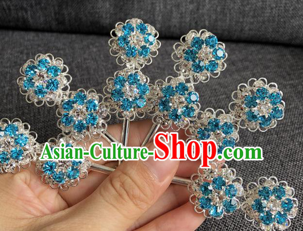 Chinese Traditional Peking Opera Diva Hair Accessories Ancient Blue Crystal Wintersweet Hairpins for Women