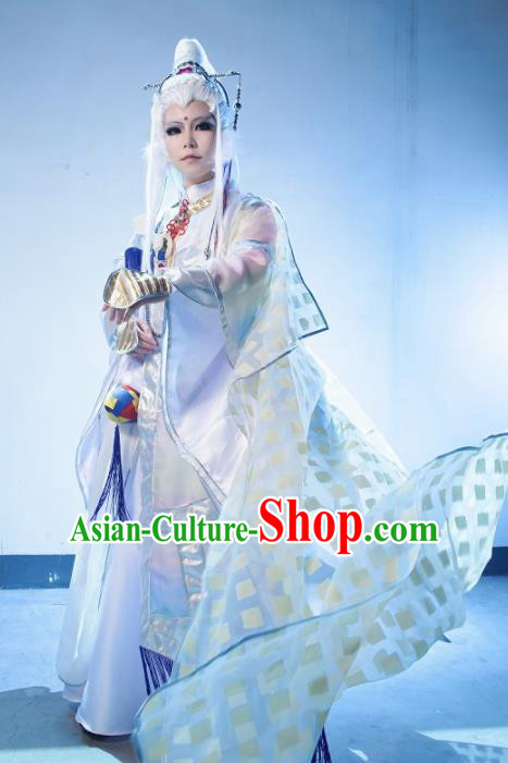 Top Grade Chinese Ancient Cosplay Taoist Priest Swordsman White Costumes for Men