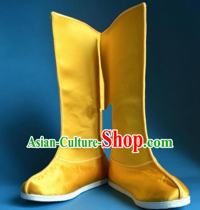 Chinese Traditional Beijing Opera Takefu Shoes Ancient Qing Dynasty Emperor Yellow Satin Boots for Men