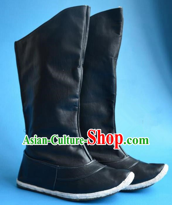 Chinese Traditional Beijing Opera Takefu Shoes Ancient Qing Dynasty Warrior Black Leather Boots for Men