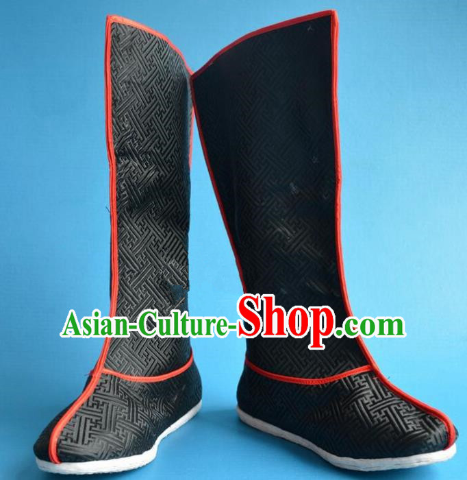 Chinese Traditional Beijing Opera Takefu Shoes Ancient Qing Dynasty Prince Black Satin Boots for Men