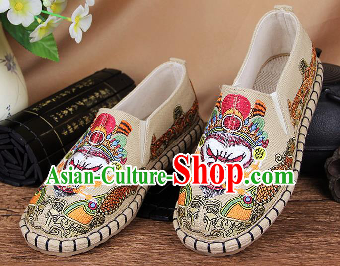 Chinese National Handmade Shoes Traditional Cloth Shoes Embroidery Monkey King Beige Shoes for Women