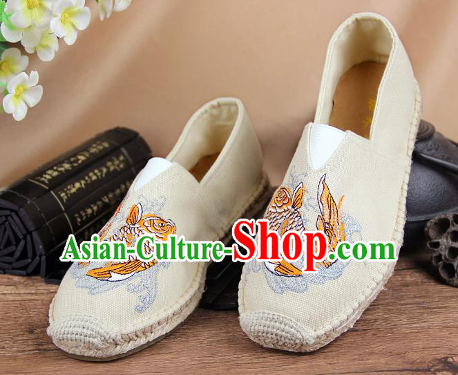 Chinese National Shoes Traditional Beige Cloth Shoes Embroidery Martial Arts Shoes for Men