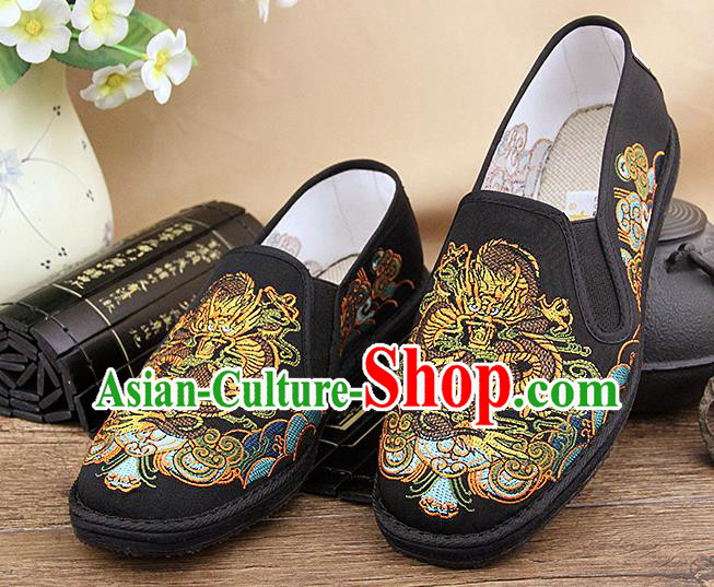 Chinese National Shoes Traditional Black Cloth Shoes Embroidery Dragon Shoes for Men