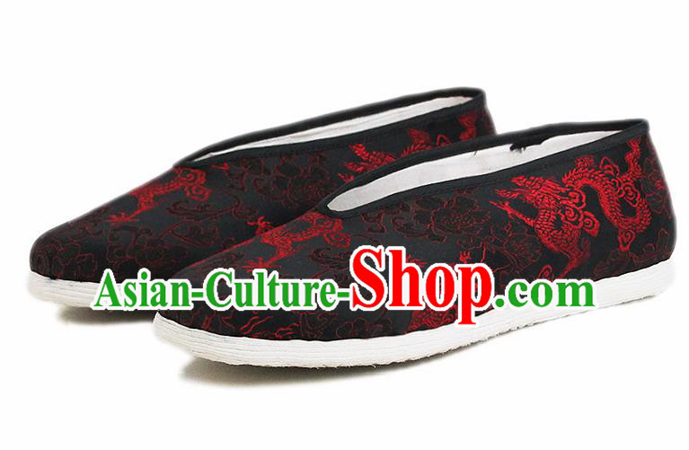 Chinese National Shoes Traditional Embroidered Dragon Cloth Shoes Black Satin Shoes for Men