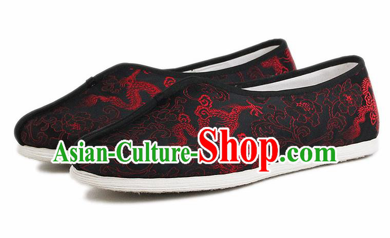 Chinese National Cloth Shoes Traditional Embroidered Dragon Shoes Black Satin Shoes for Men