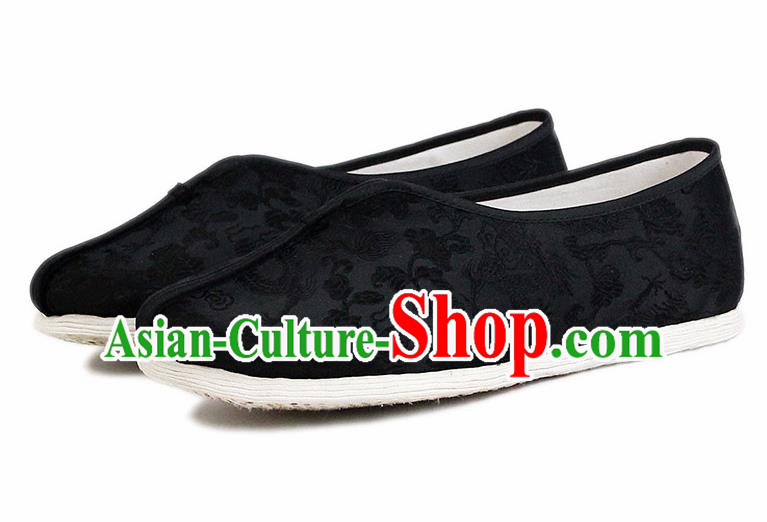 Chinese National Cloth Shoes Traditional Embroidered Shoes Black Satin Shoes for Men
