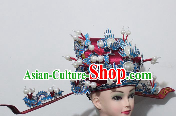 Chinese Traditional Peking Opera Prime Minister Red Hat Ancient Chancellor Headwear for Men