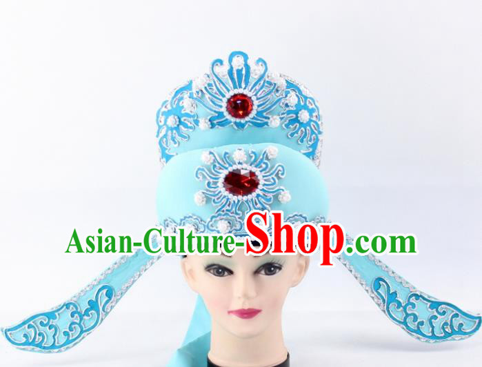 Chinese Traditional Peking Opera Niche Headwear Ancient Number One Scholar Blue Hat for Men