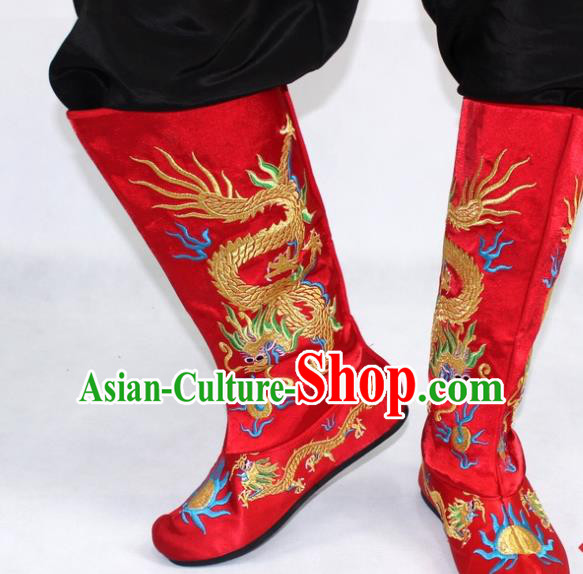 Chinese Traditional Beijing Opera Takefu Shoes Ancient Handmade Emperor Embroidered Dragons Red Boots for Men