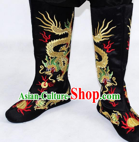 Chinese Traditional Beijing Opera Takefu Shoes Ancient Handmade Emperor Embroidered Dragons Black Boots for Men