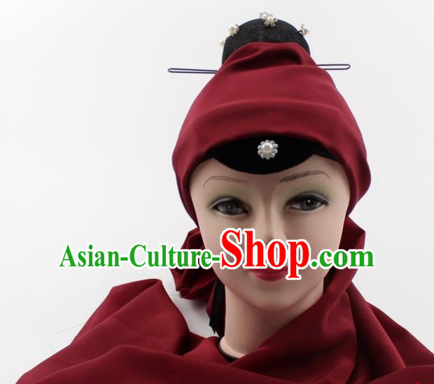Chinese Traditional Peking Opera Pantaloon Hair Accessories Ancient Dowager Countess Wine Red Headcloth for Women