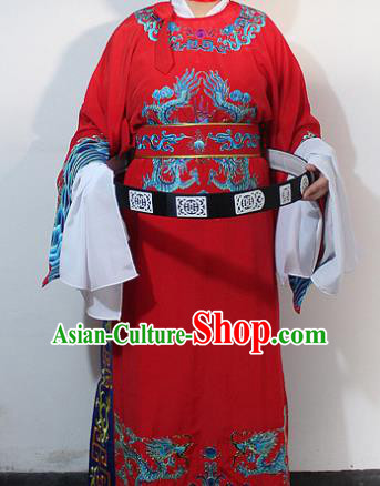 Chinese Traditional Peking Opera Scholar Red Embroidered Robe Ancient Minister Costume for Men