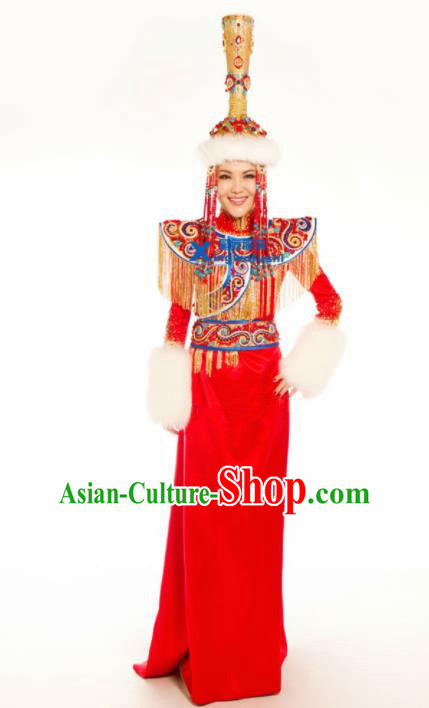 Chinese Traditional Ethnic Costumes Mongolian Minority Nationality Dance Red Dress for Women