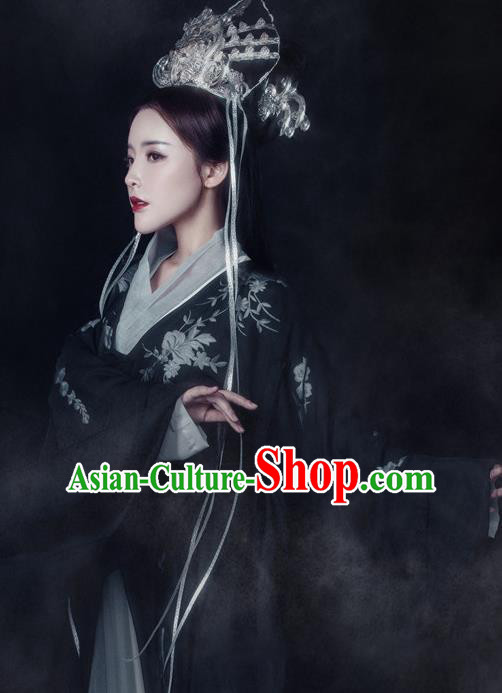 Traditional Chinese Ancient Tang Dynasty Queen Black Costumes and Headpiece Complete Set for Women