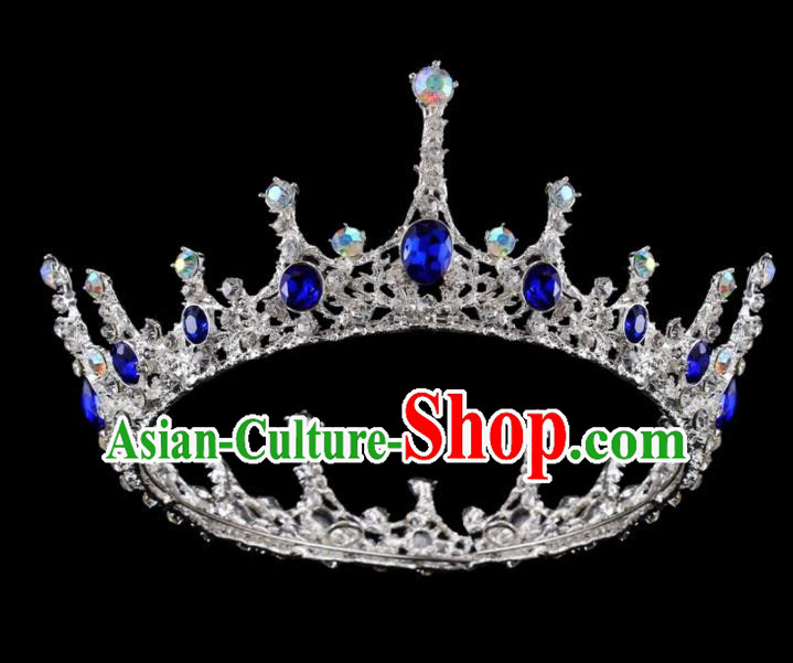Top Grade Baroque Retro Round Royal Crown Bride Blue Crystal Wedding Hair Accessories for Women