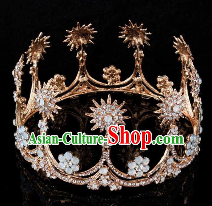 Top Grade Baroque Princess Retro Golden Round Royal Crown Bride Crystal Wedding Hair Accessories for Women