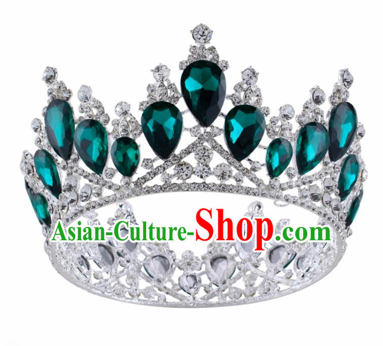 Top Grade Baroque Princess Retro Round Royal Crown Bride Green Crystal Wedding Hair Accessories for Women