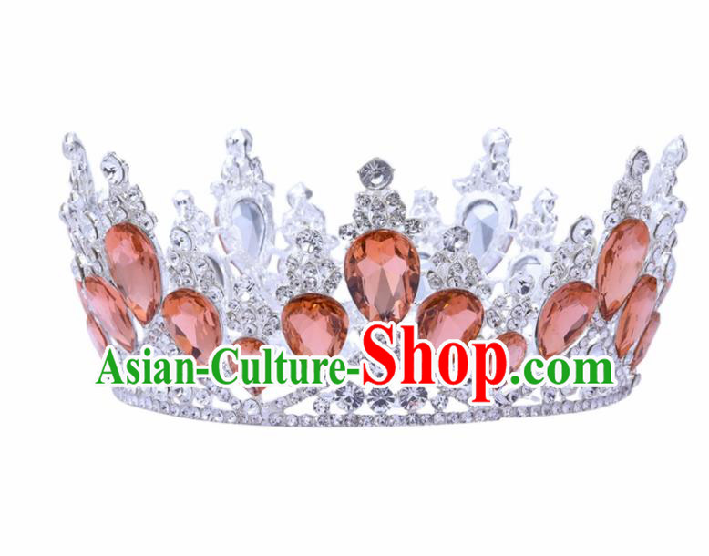Top Grade Baroque Princess Retro Round Royal Crown Bride Orange Crystal Wedding Hair Accessories for Women