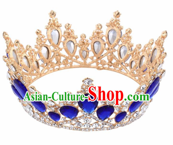 Top Grade Baroque Princess Retro Golden Round Royal Crown Bride Blue Crystal Wedding Hair Accessories for Women