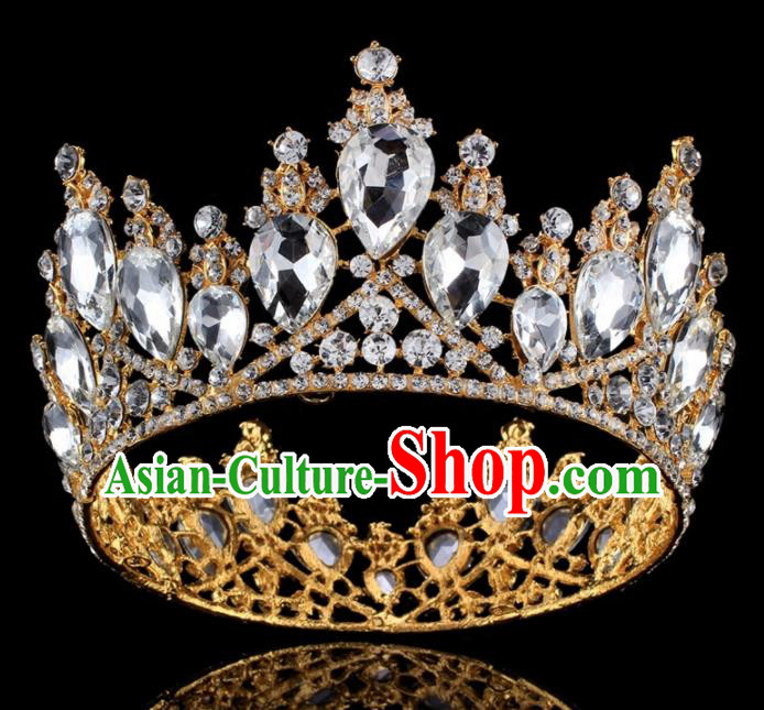 Top Grade Baroque Princess Retro Golden Round Royal Crown Bride Crystal Wedding Hair Accessories for Women