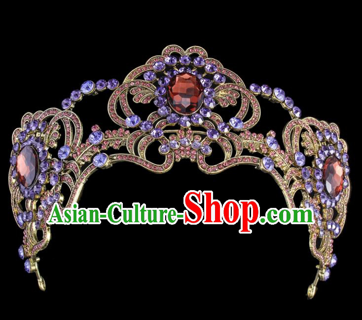 Top Grade Baroque Style Handmade Purple Crystal Royal Crown Bride Retro Wedding Hair Accessories for Women