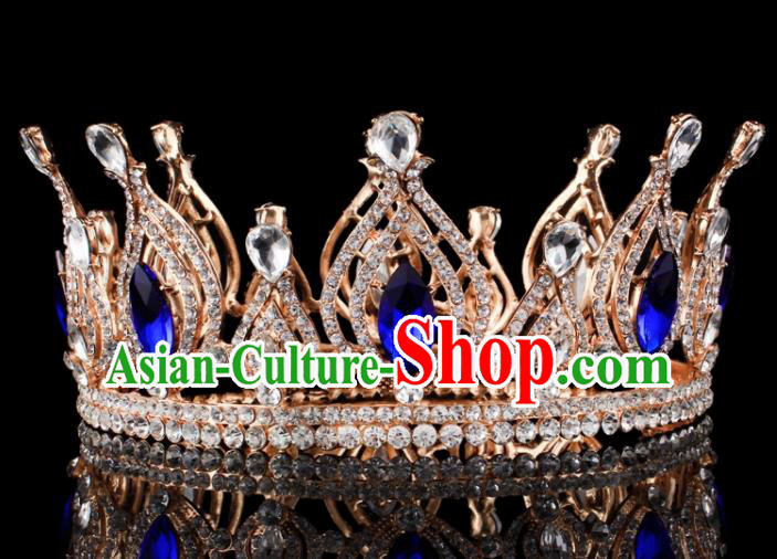Top Grade Blue Crystal Golden Royal Crown Baroque Princess Retro Wedding Bride Hair Accessories for Women