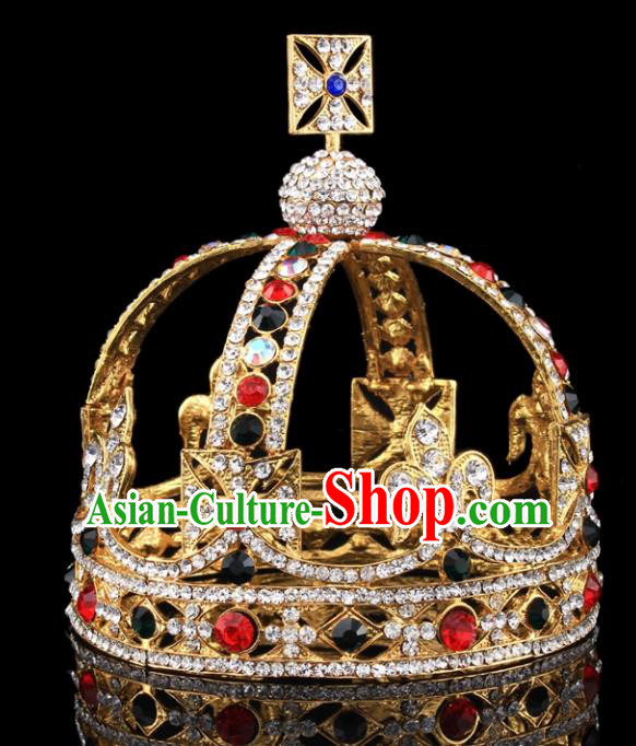 Handmade Top Grade Baroque Queen Crystal Round Royal Crown Bride Retro Wedding Hair Accessories for Women