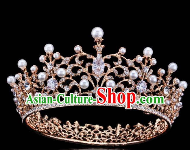 Top Grade Retro Pearls Crystal Golden Royal Crown Baroque Queen Wedding Bride Hair Accessories for Women