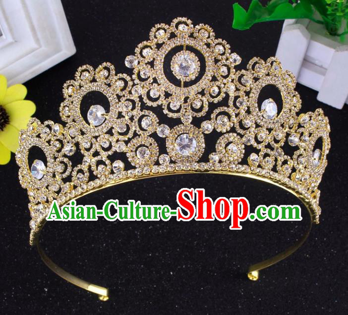 Top Grade Baroque Style Zircon Golden Royal Crown Bride Retro Wedding Hair Accessories for Women