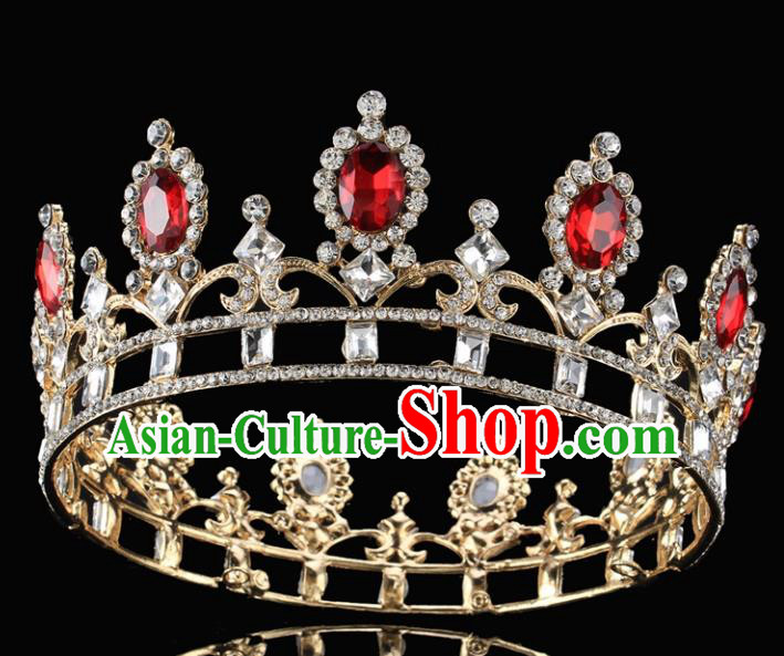 Handmade Top Grade Wedding Red Crystal Royal Crown Baroque Princess Retro Hair Accessories for Women