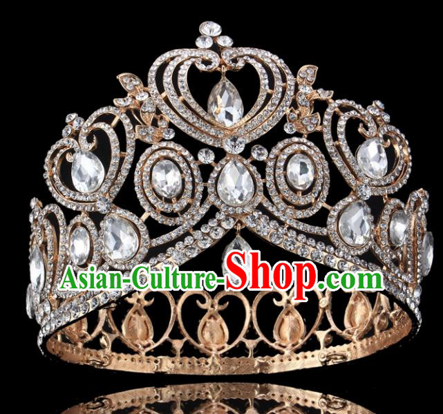 Top Grade Handmade Wedding Crystal Golden Royal Crown Baroque Retro Hair Accessories for Women